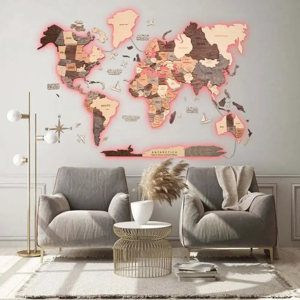 Other wall decoration - 3D LED Wooden World Map 3.0 Prime Smokey M USA Right - ENJOY THE WOOD