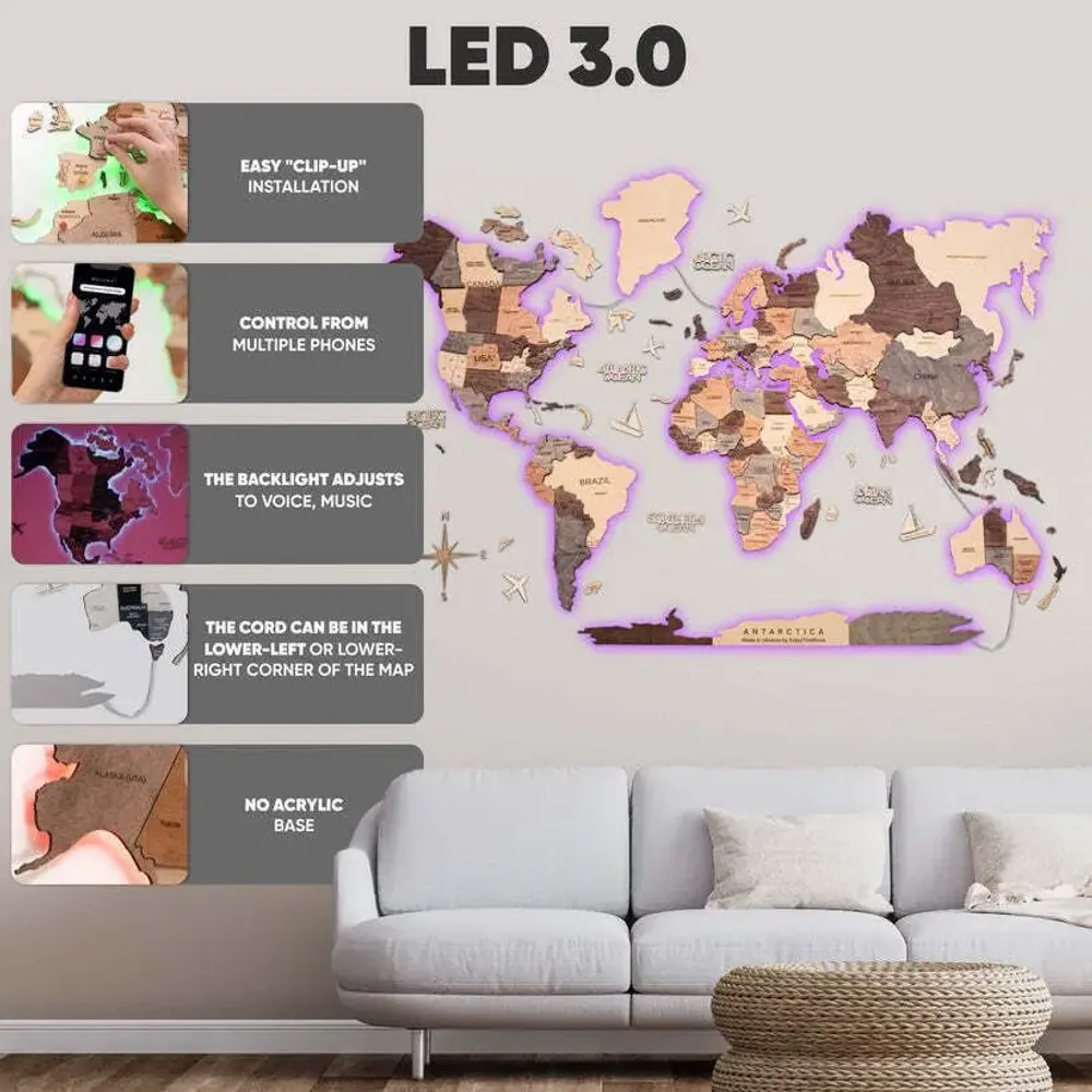 Other wall decoration - 3D LED Wooden World Map 3.0 Prime Plus Smokey XL EU Right - ENJOY THE WOOD