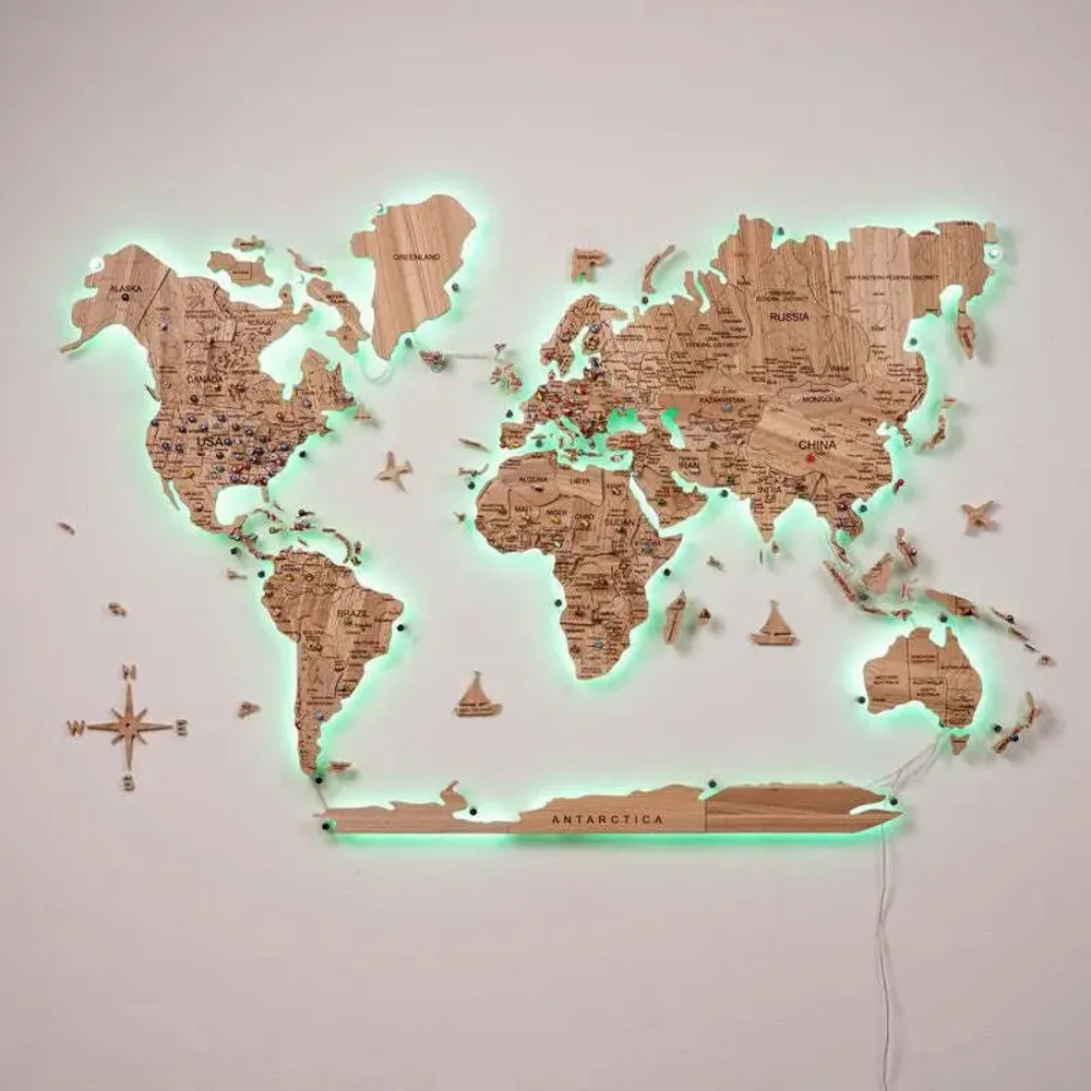Other wall decoration - 3D Solid Wooden World Map Ash L acrylic + LED - ENJOY THE WOOD