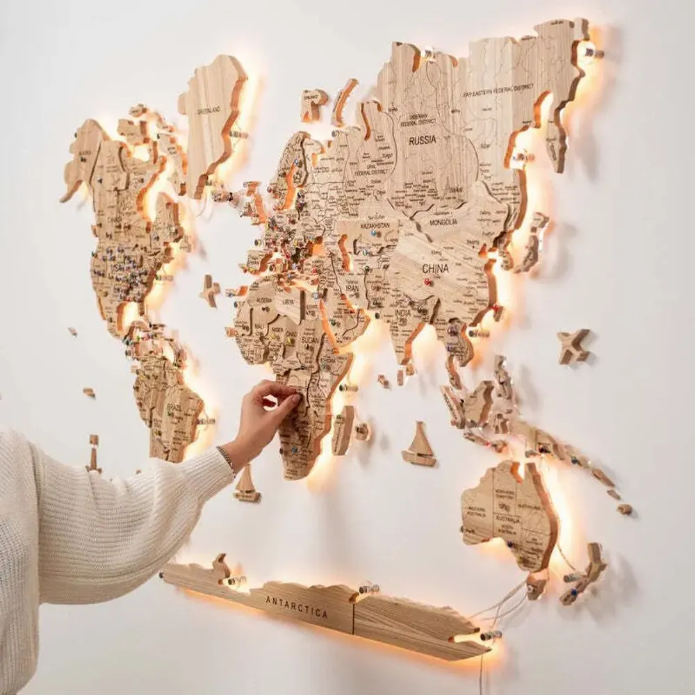 Other wall decoration - 3D Solid Wooden World Map Ash XL acrylic + LED - ENJOY THE WOOD
