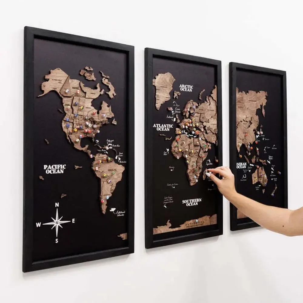 Other wall decoration - 3D Wooden Triptych World Map Dark walnut L Black - ENJOY THE WOOD