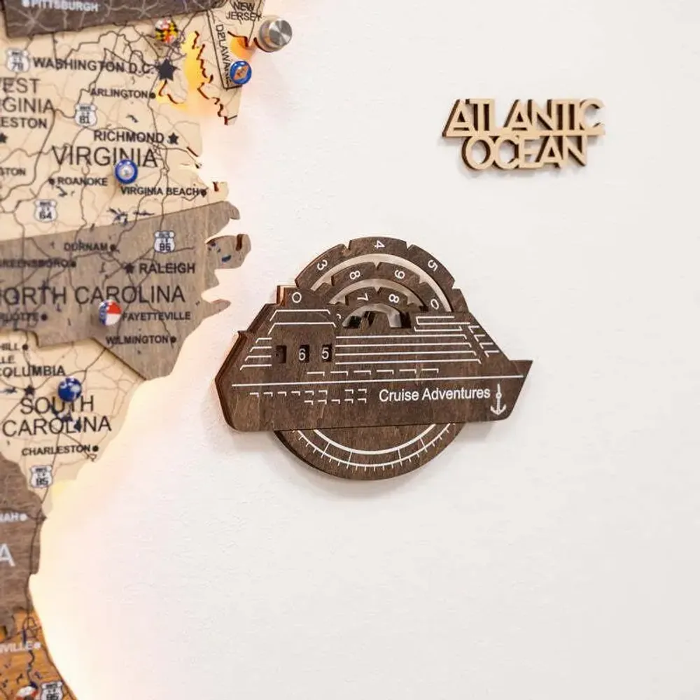 Objets de décoration - Carte du Monde en Bois Colorée 3D Travel Tracker Cruise Liner - Noyer Foncé - ENJOY THE WOOD