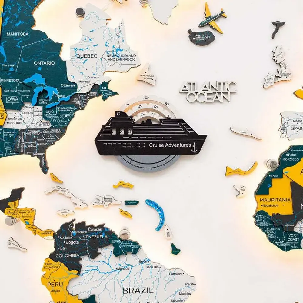 Objets de décoration - Carte du Monde en Bois Colorée 3D Travel Tracker Cruise Liner - Nordik - ENJOY THE WOOD