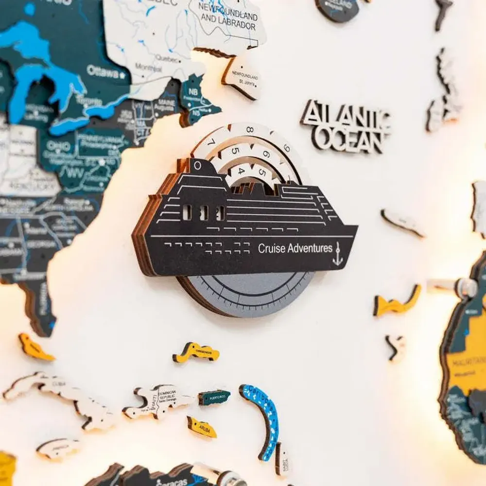 Objets de décoration - Carte du Monde en Bois Colorée 3D Travel Tracker Cruise Liner - Nordik - ENJOY THE WOOD