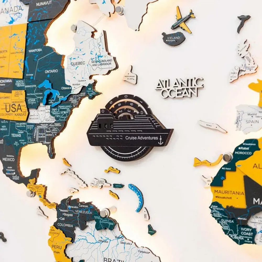 Objets de décoration - Carte du Monde en Bois Colorée 3D Travel Tracker Cruise Liner - Minuit - ENJOY THE WOOD