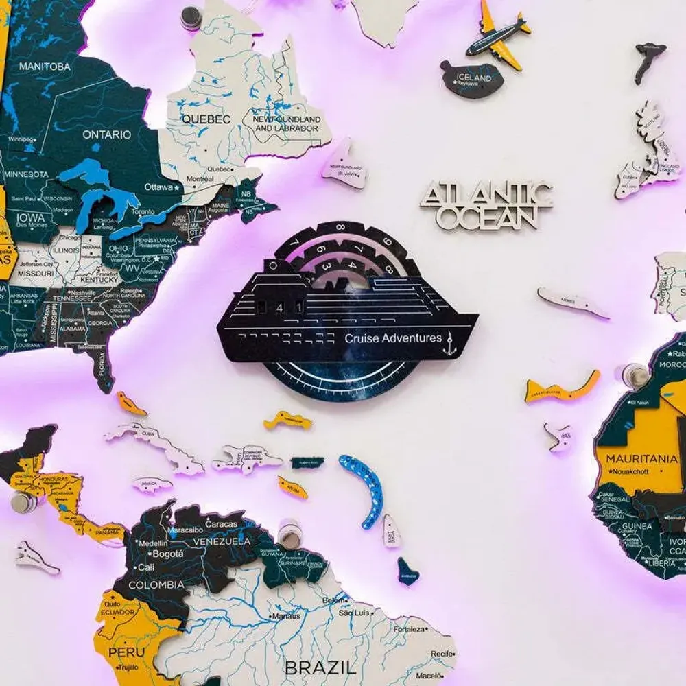 Objets de décoration - Carte du Monde en Bois Colorée 3D Travel Tracker Cruise Liner - Espace - ENJOY THE WOOD