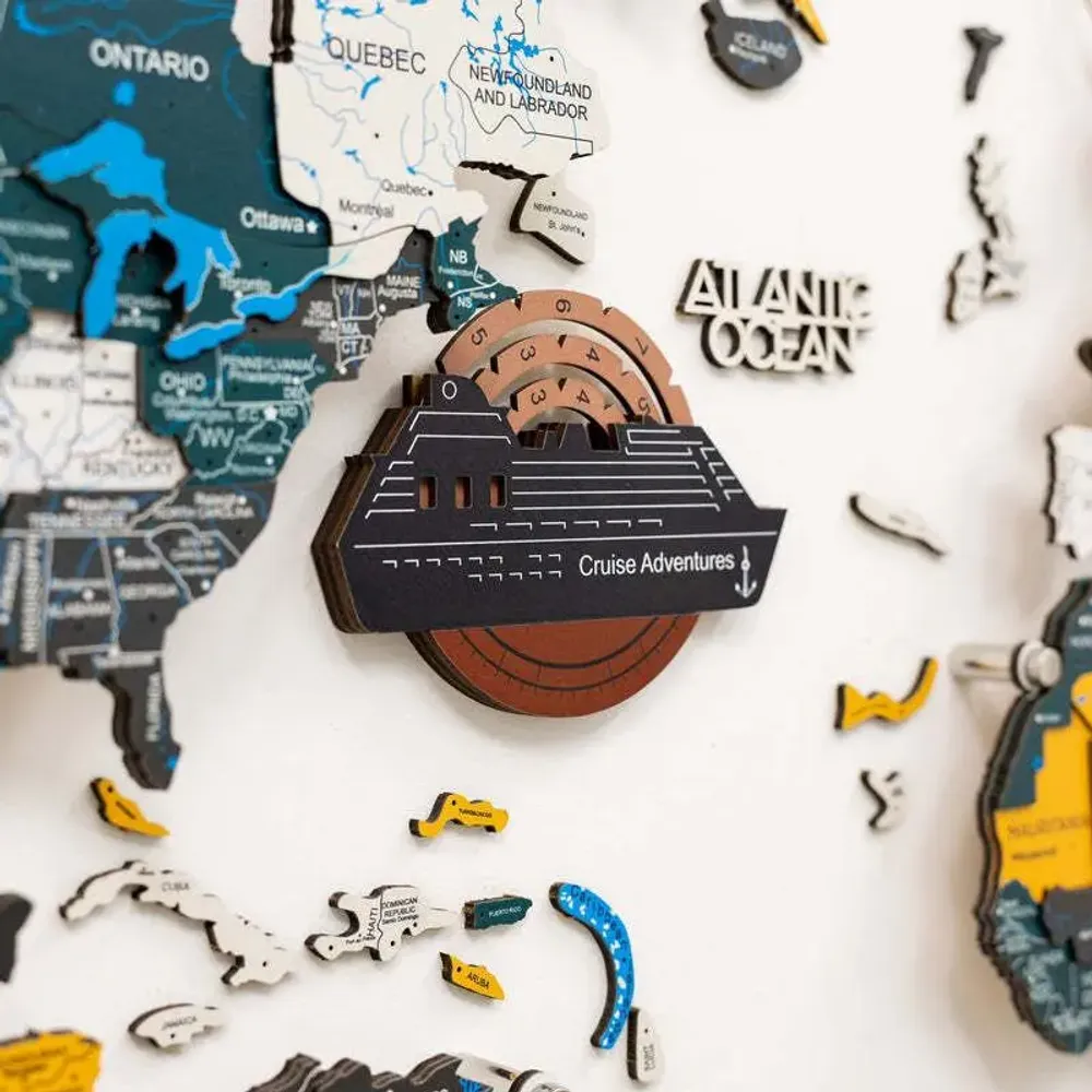 Decorative objects - Travel Tracker Cruise Liner 3D Colored Wooden World Map - Rustic - ENJOY THE WOOD