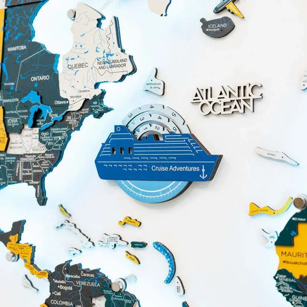Decorative objects - Travel Tracker Cruise Liner 3D Colored Wooden World Map - Azure - ENJOY THE WOOD