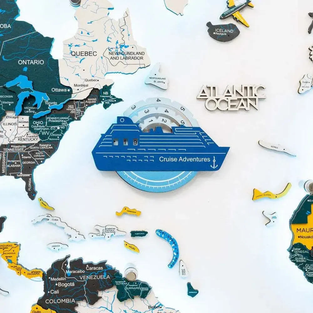Decorative objects - Travel Tracker Cruise Liner 3D Colored Wooden World Map - Azure - ENJOY THE WOOD