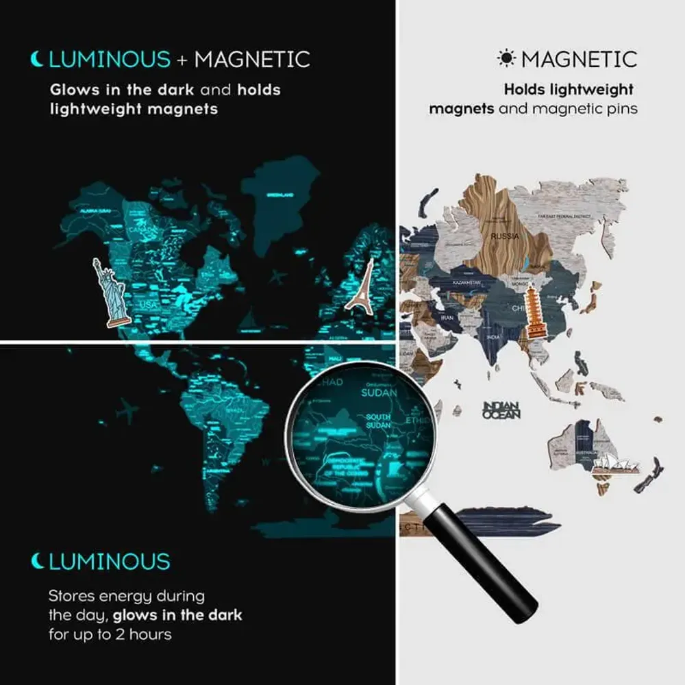 Autres décorations murales - Carte du Monde en Bois Colorée 3D XL Mystère Lum Blanc - ENJOY THE WOOD