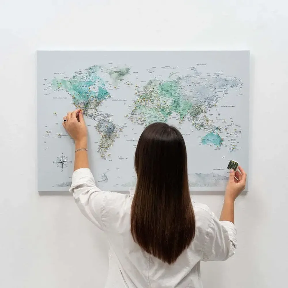 Other wall decoration - World Map on Canvas - Sky Blue Black Frame M - ENJOY THE WOOD