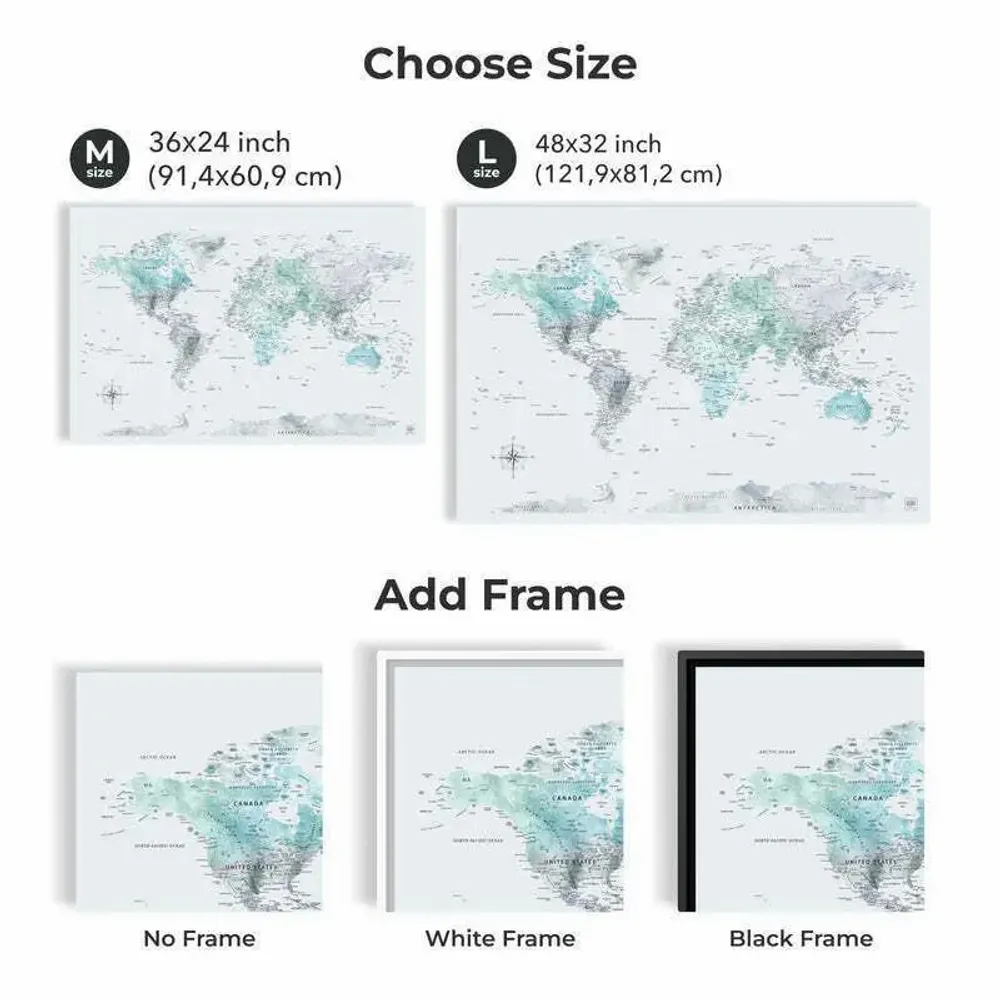 Other wall decoration - World Map on Canvas - Sky Blue Black Frame M - ENJOY THE WOOD