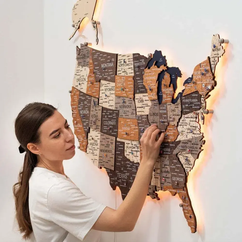 Other wall decoration - Wooden 3d LED Map of USA - Multicolor S Prime Plus EU - ENJOY THE WOOD