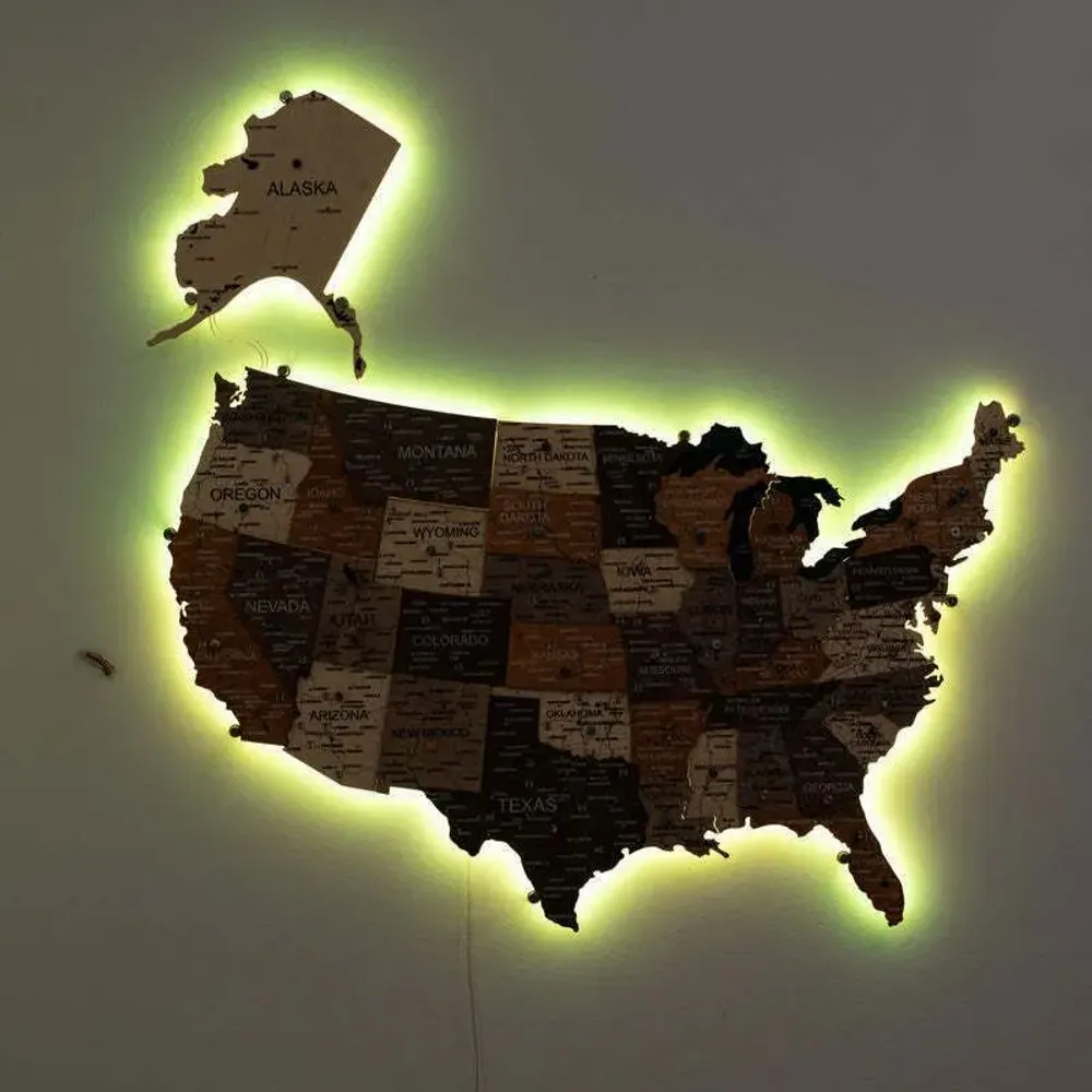 Other wall decoration - Wooden 3d LED Map of USA - Multicolor M Prime Plus EU - ENJOY THE WOOD