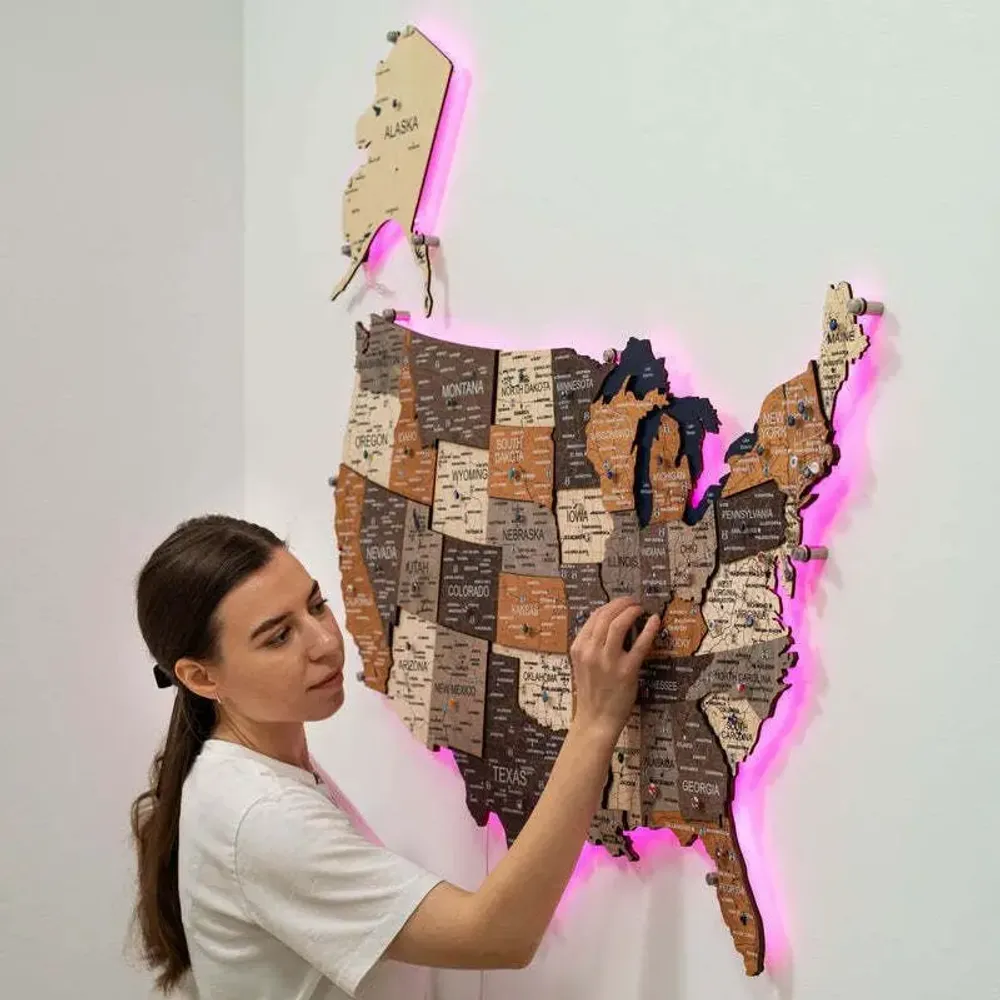 Autres décorations murales - Carte 3D en bois à LED des États-Unis - Multicolore M Prime UE - ENJOY THE WOOD