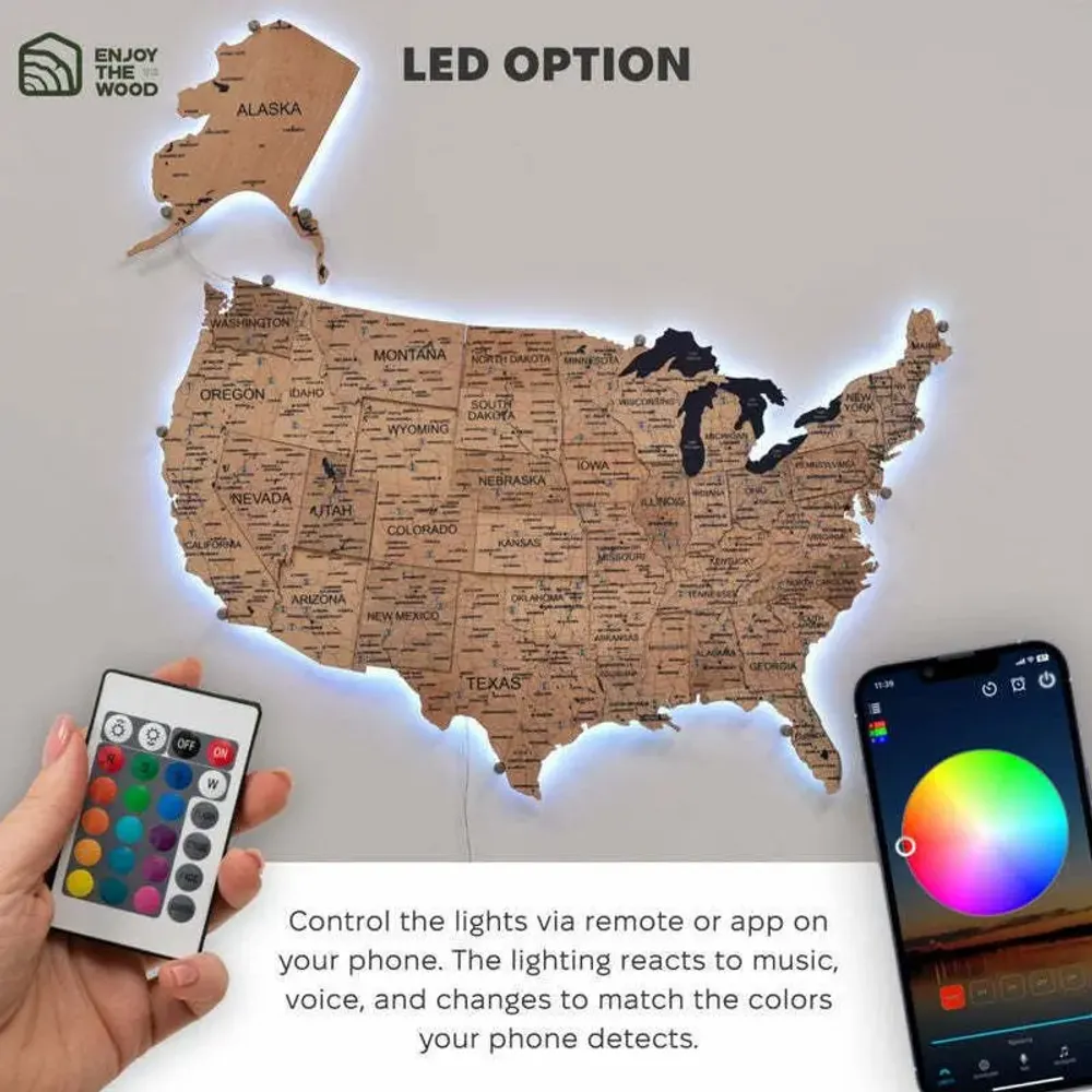 Other wall decoration - Wooden 3d LED Map of USA - Gold S Prime Plus EU - ENJOY THE WOOD