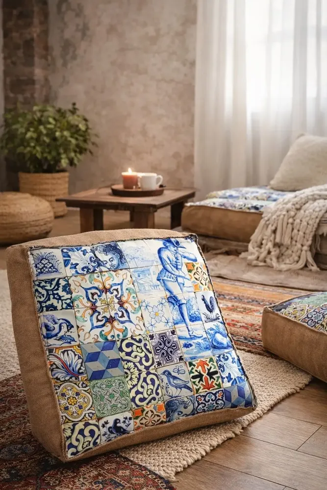 Ottomans - Azulejo Heritage Pouf , floor seating, bench cushion seat custom made - ARTISAN BY MF