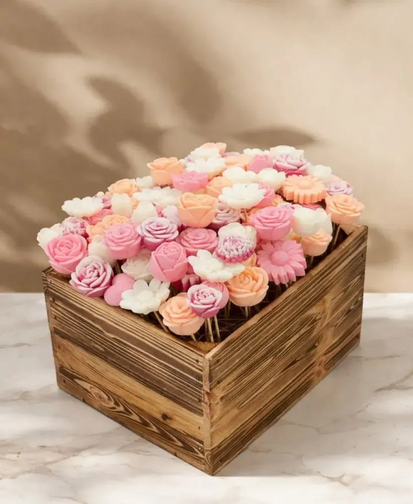 Cadeaux - Caisse de 120 fleurs de cire : Rose-Blanc-Orange /  Cire végétale - COSMÉTIQUES DE QUIBERON