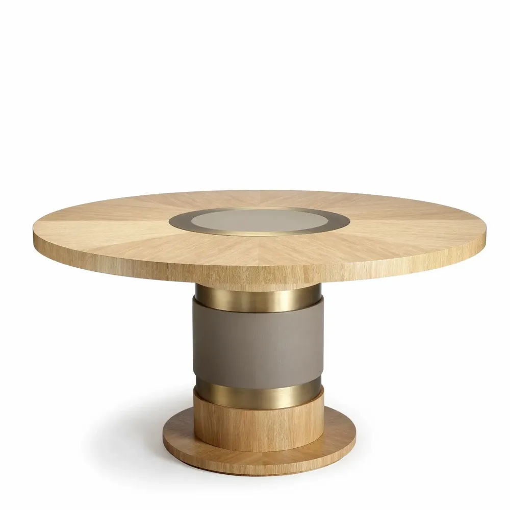 Tables pour hôtels - Table à manger ronde Lune en chêne cérusé doré, laiton et cuir - DUISTT