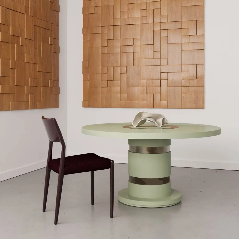 Tables pour hôtels - Table à manger ronde Lune en chêne cérusé doré, laiton et cuir - DUISTT