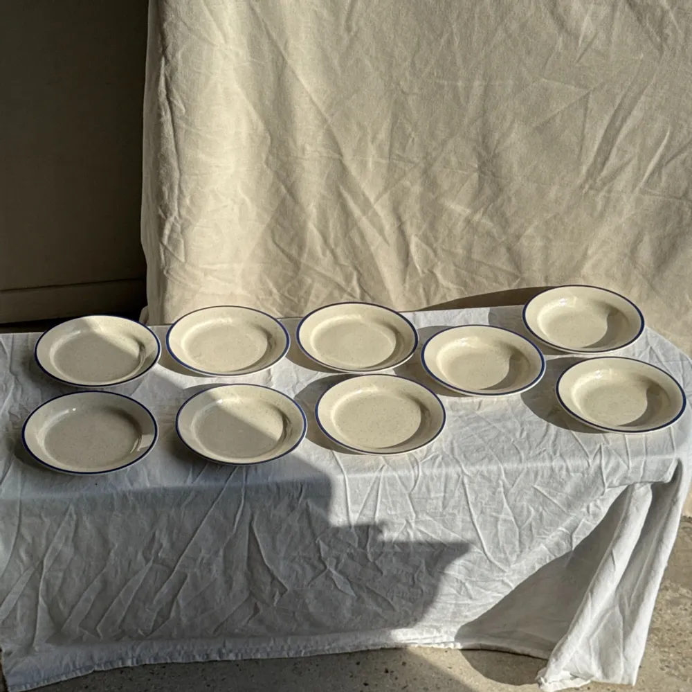 Assiettes au quotidien - Lot composé de 6 assiettes plates beige liseré bleu 3 creuses - OFFICE OBJETS