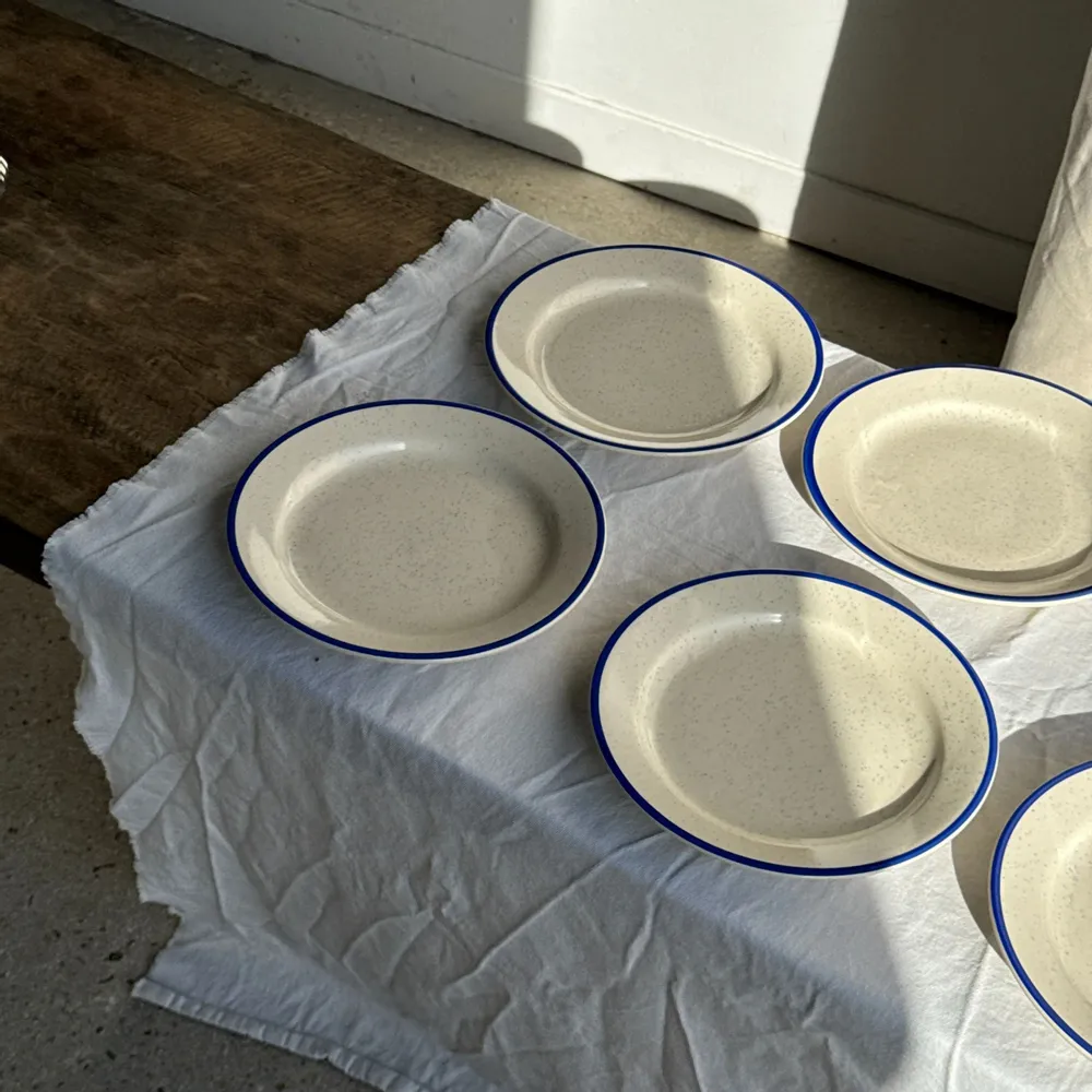 Assiettes au quotidien - Lot composé de 6 assiettes plates beige liseré bleu 3 creuses - OFFICE OBJETS