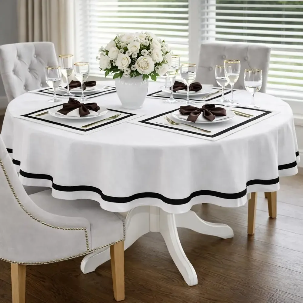 Table cloths - Stripes Round Tablecloth – Black Ribbon (French Bistro Style) - ROSEBERRY HOME