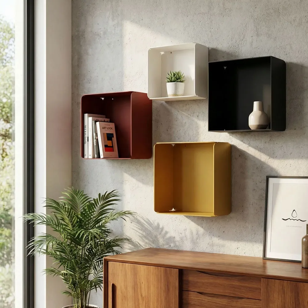 Shelves - CUBE WALL SHELF IN STEEL WITH AMETHYST BOTTOM - DECO-GEM