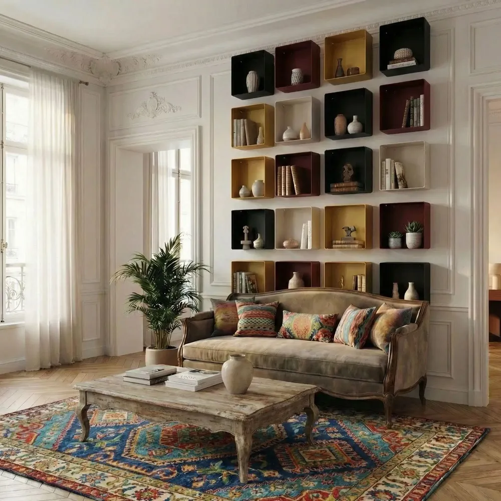 Shelves - CUBE WALL SHELF IN STEEL WITH AMETHYST BOTTOM - DECO-GEM