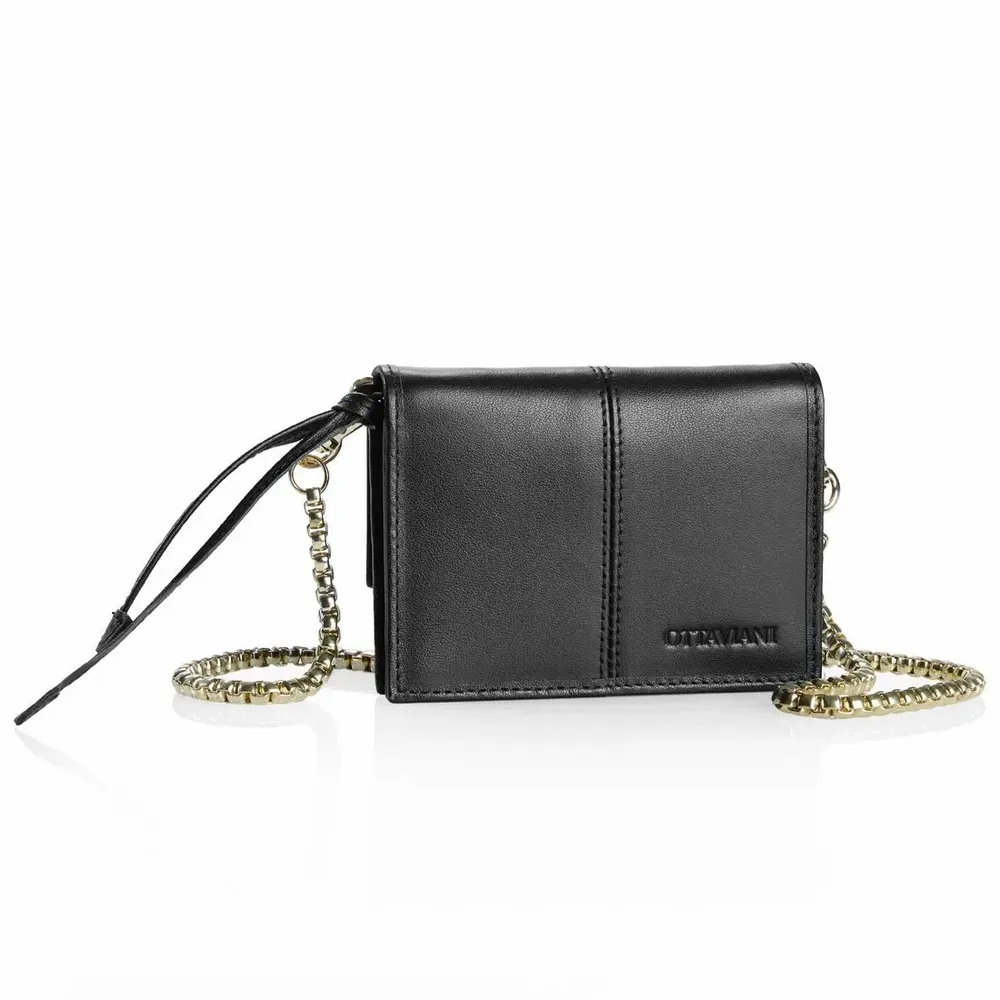 Design objects - Black genuine leather wallet with gold metal shoulder strap - OTTAVIANI