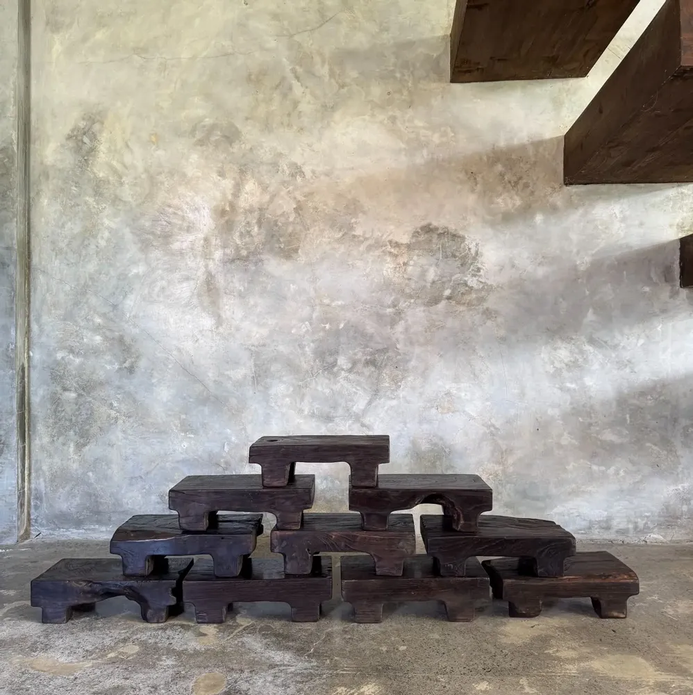 Stools - Small stool, wabi-sabi black solid teak side stool L30 l8.5 - OFFICE OBJETS