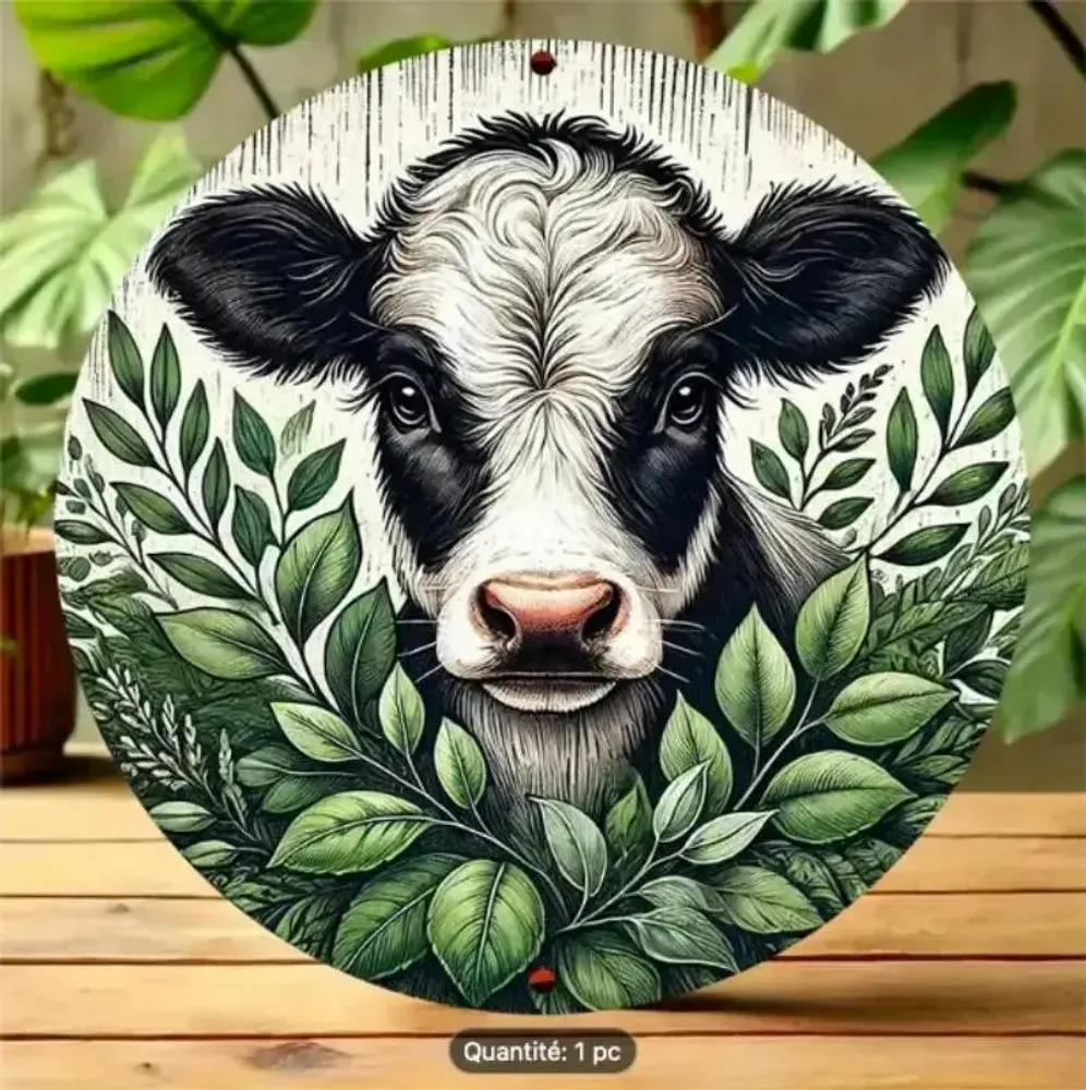 Objets design - Panneau rond en Aluminium Veau avec des plantes - VACHES ET COMPAGNIE