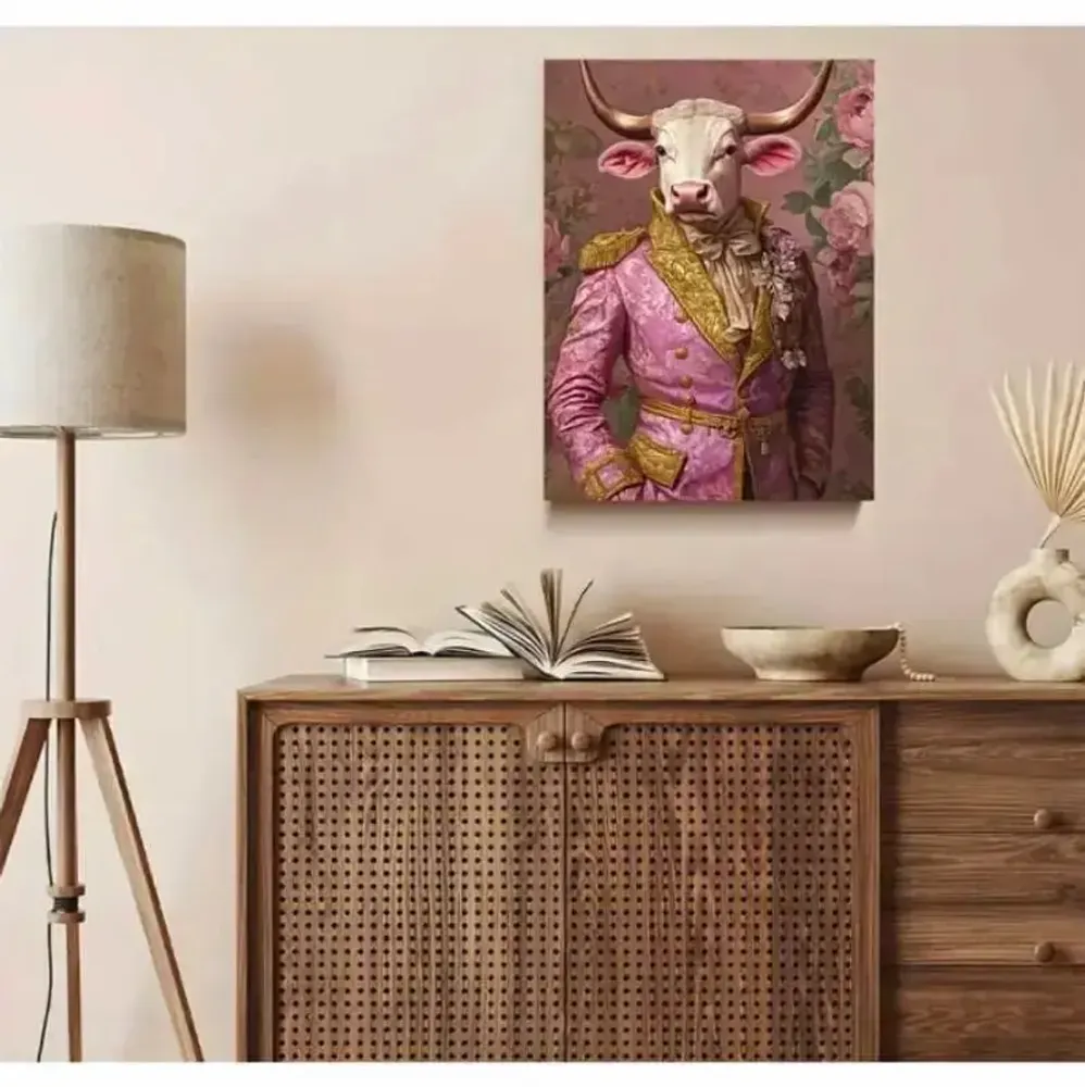 Objets design - Tableau imprimé Monsieur Vache en rose - VACHES ET COMPAGNIE