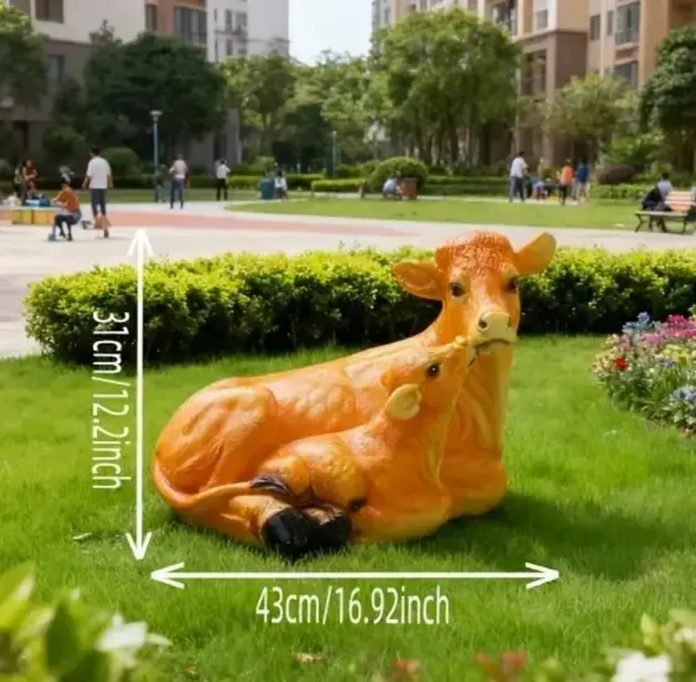 Design objects - Blonde decorative cow with her resin calf - VACHES ET COMPAGNIE