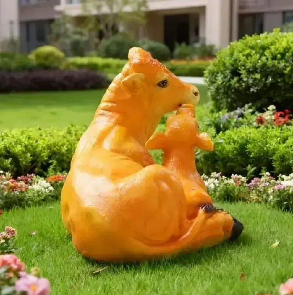 Design objects - Blonde decorative cow with her resin calf - VACHES ET COMPAGNIE