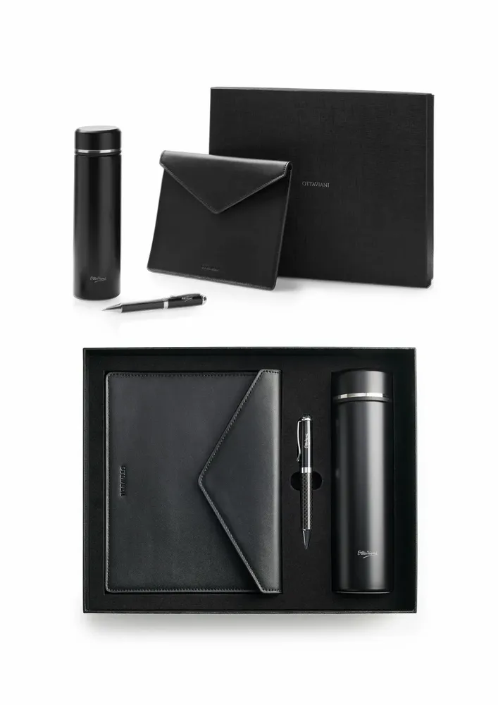 Objets design - Ensemble comprenant un stylo, une bouteille isotherme en acier inoxydable et un porte-documents en cuir véritable. - OTTAVIANI