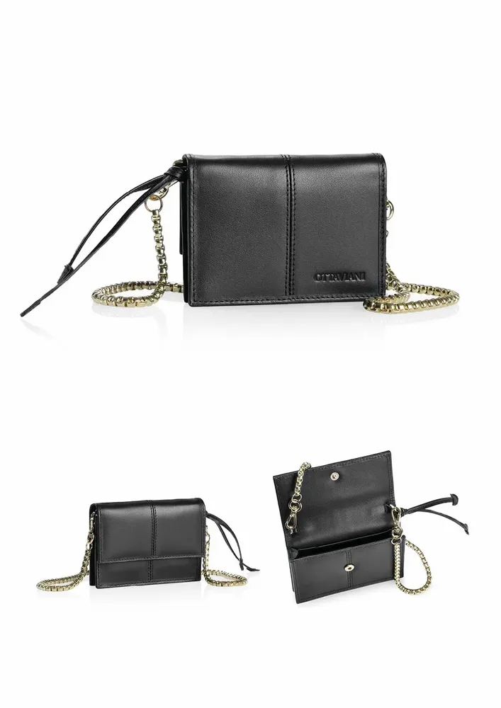Design objects - Black genuine leather wallet with gold metal shoulder strap - OTTAVIANI
