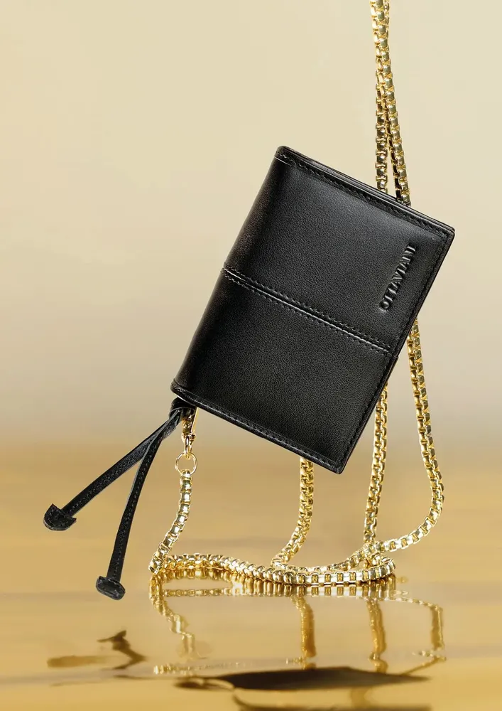 Design objects - Black genuine leather wallet with gold metal shoulder strap - OTTAVIANI