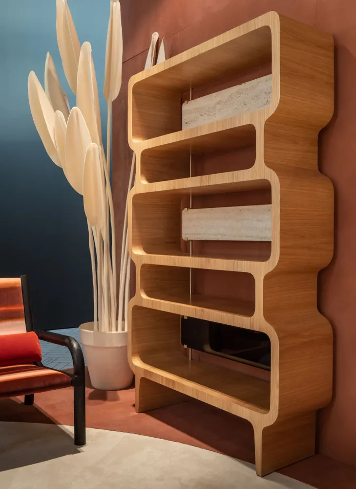 Bureaux d'entreprise - Copacabana Bibliothèque en Placage de Chêne Naturel et Détails en Laiton Brossé - DUISTT