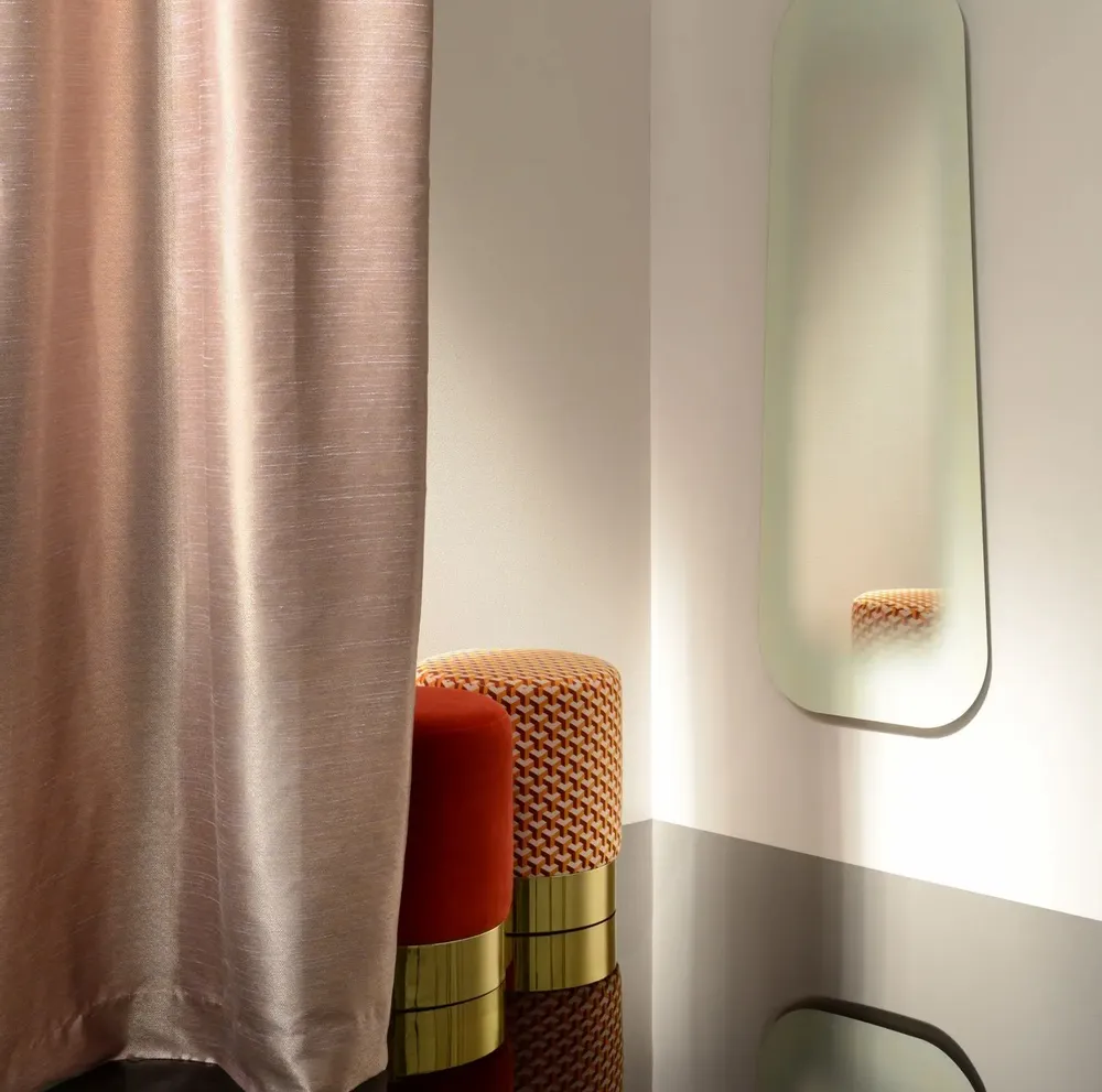 Stools for hospitalities & contracts - LUNE C Stool, contemporary ottoman in brass and fabric, COM Option - DUISTT