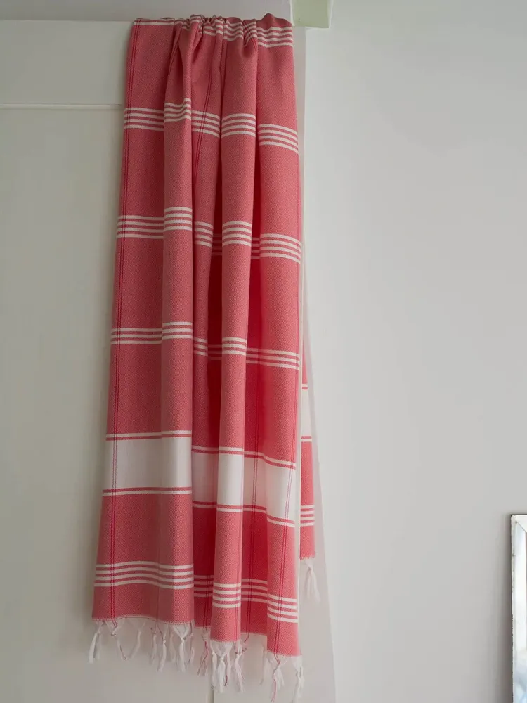 Bath towels - hammam towel Organic coral red/white - OTTOMANIA