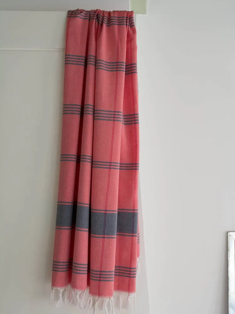 Bath towels - hammam towel Organic coral red/dark blue - OTTOMANIA