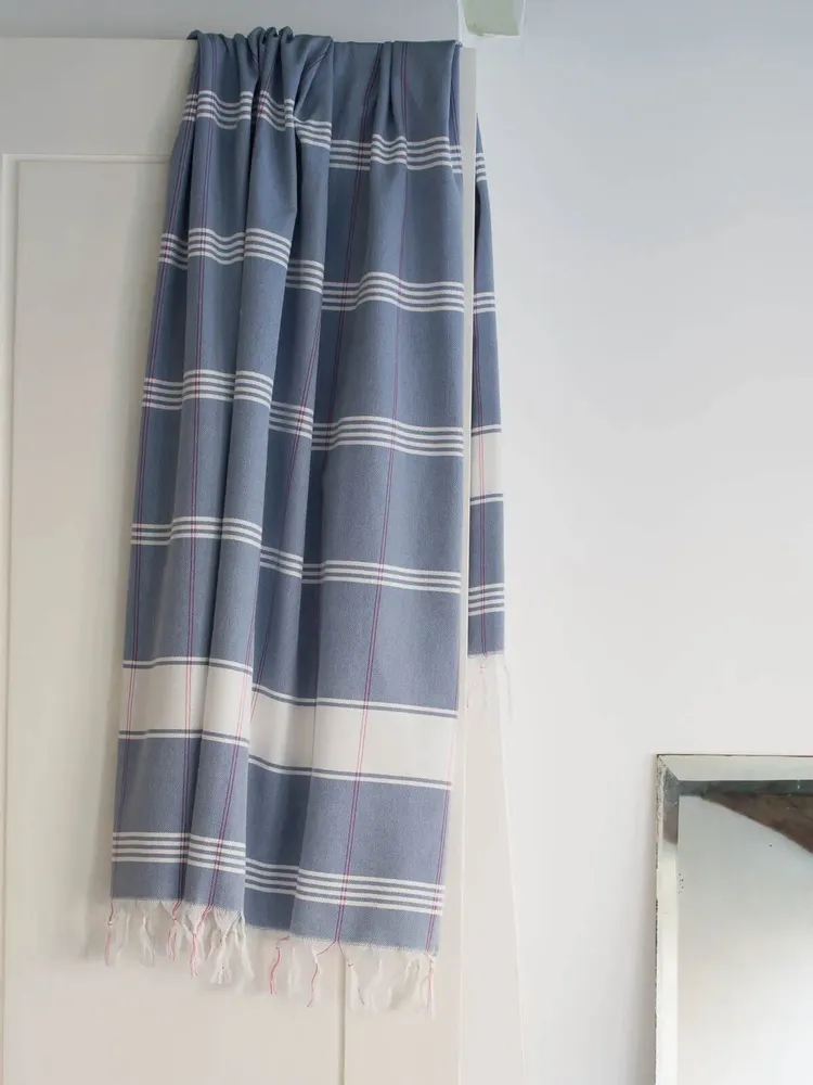 Bath towels - hammam towel Organic steel blue/white - OTTOMANIA