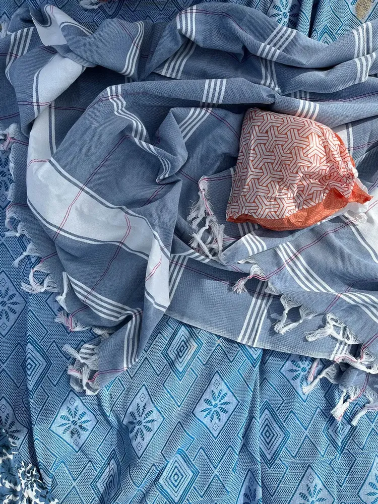 Bath towels - hammam towel Organic steel blue/white - OTTOMANIA