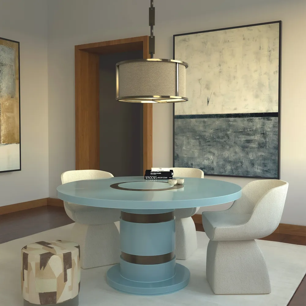 Tables pour hôtels - Table à manger ronde Lune en chêne cérusé doré, laiton et cuir - DUISTT