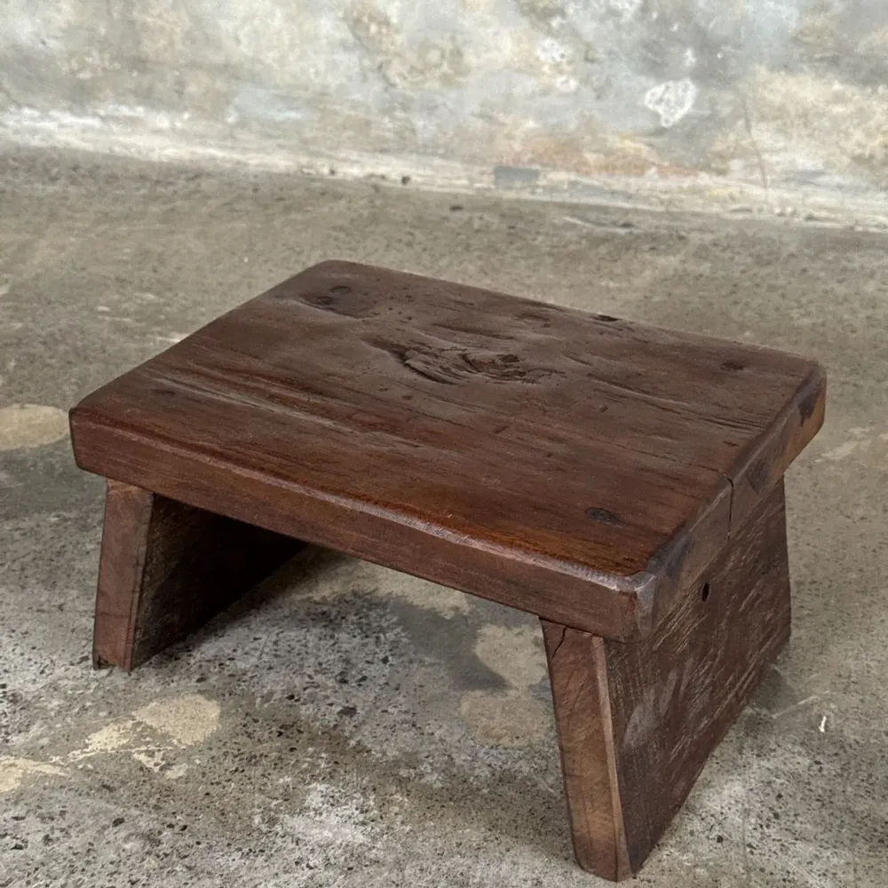 Stools - Small organic chocolate brown upcycled teak side stool - OFFICE OBJETS