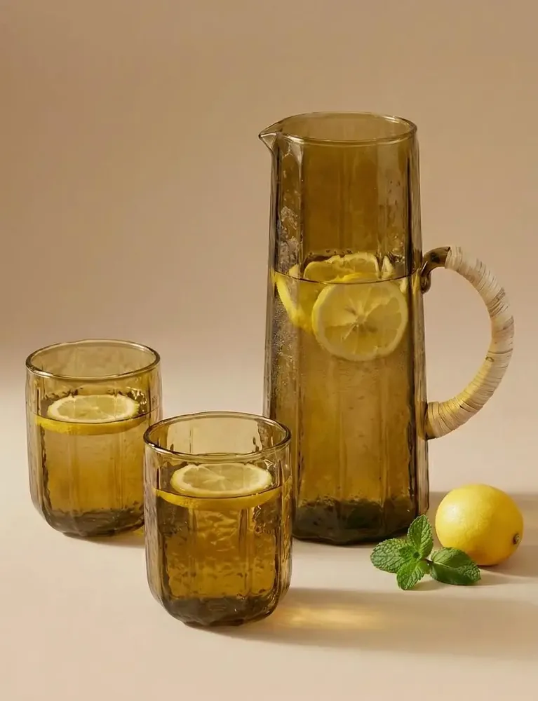 Carafes - Hammered water pitcher with Ratan Handle - 6.25 x 9.5 Inches - CASA AMAROSA