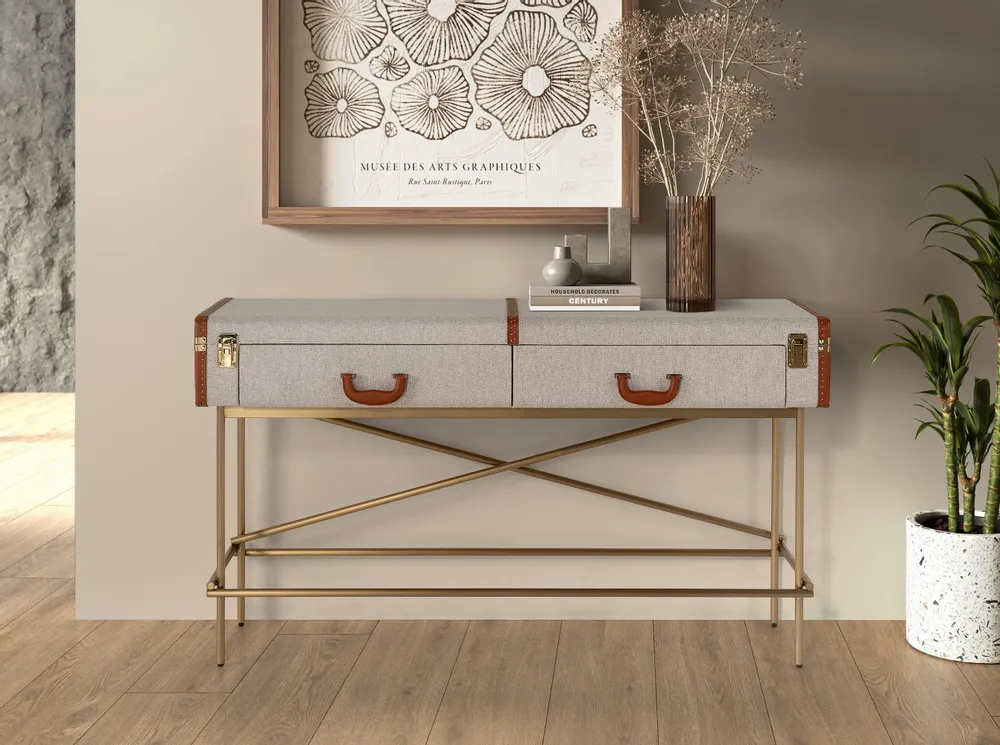 Console table - Rectangular console table, fabric, walnut and golden polished steel - ANGEL CERDÁ
