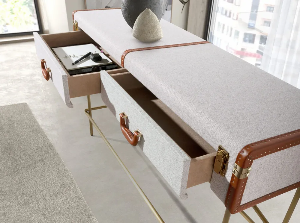 Console table - Rectangular console table, fabric, walnut and golden polished steel - ANGEL CERDÁ