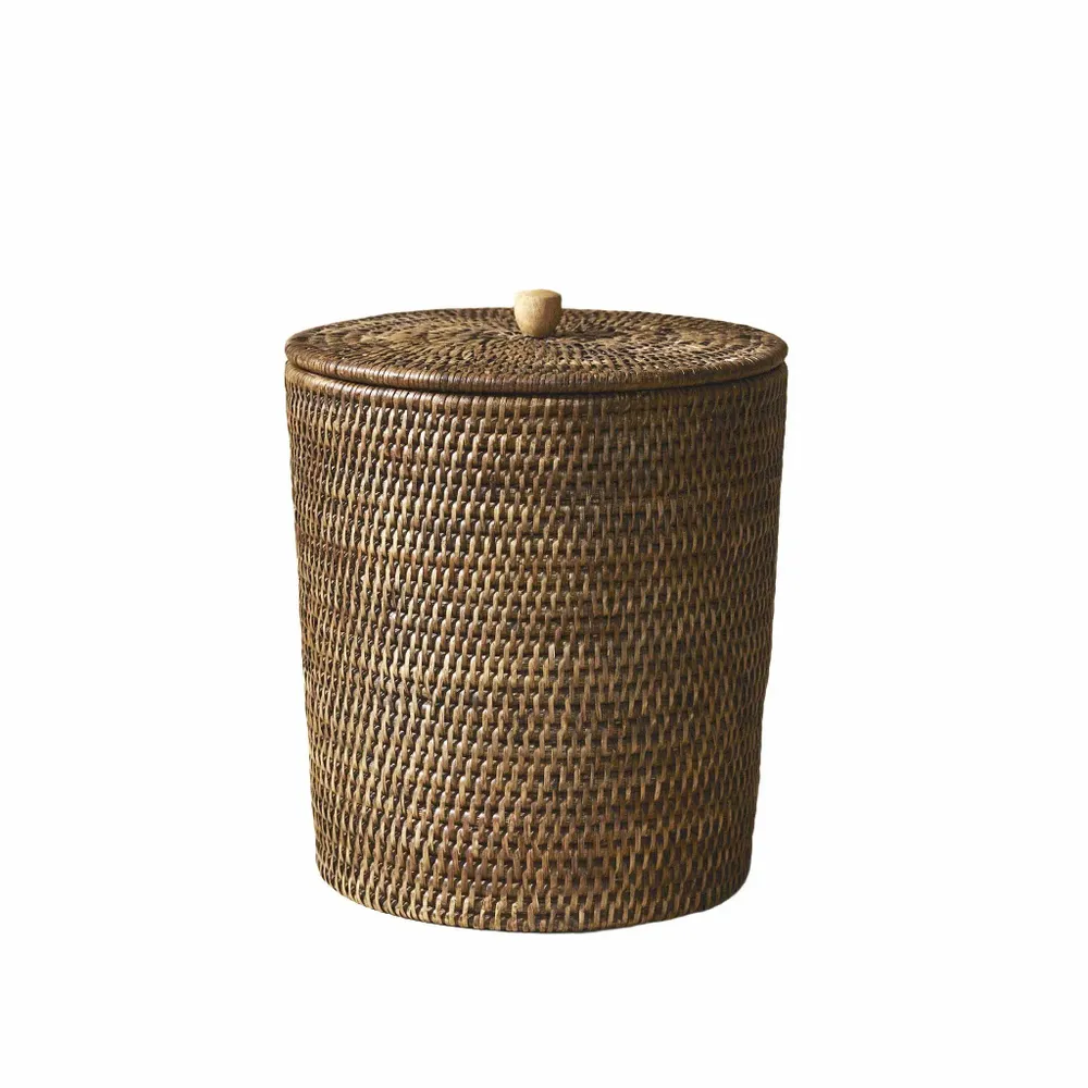 Bathroom waste baskets - Round Rattan Waste Bin With Lid - KING ZOO